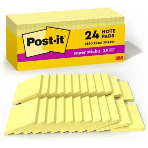 Post-it Super Sticky Notes, 24 Sticky Note Pads, 3 x 3 in., School Supplies, Office Products, Sticky Notes for Vertical Surfaces, Monitors, Walls and Windows, Canary Yellow(24 Pads Cabinet Pack)