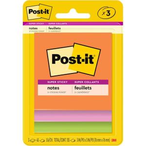 Post-it Super Sticky Notes, 3 Sticky Note Pads, 3 x 3 in., School Supplies, Office Products, Sticky Notes for Vertical Surfaces, Monitors, Walls and Windows, Summer Joy Collection(Energy Boost Collection)