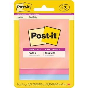 Post-it Super Sticky Notes, 3 Sticky Note Pads, 3 x 3 in., School Supplies, Office Products, Sticky Notes for Vertical Surfaces, Monitors, Walls and Windows, Summer Joy Collection(Summer Joy Collection)