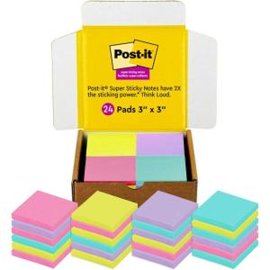 Post-it Super Sticky Notes, 3×3 in, 24 Pads/Pack, 70 Sheets/Pad, Amazon Exclusive Bright Color Collection, Aqua Splash, Acid Lime, Tropical Pink and Iris Infusion(7.4″ x 6.6″)