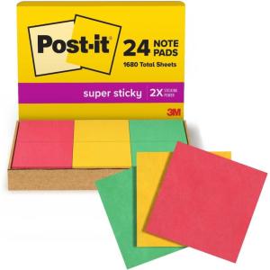 Post-it Super Sticky Notes 3×3 in, 24 Pads/Pack, 70 Sheets/Pad, Workshop Kit, Red, Yellow, Green (654-24SSANSIOC)