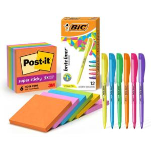 Post-it Super Sticky Notes, 3×3 in, 6 Pads and BIC Brite Liner Highlighters, Chisel Tip, 12-Count Pack, Ideal for Organizing and Coloring, School and Office Supplies
