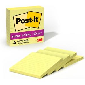 Post-it Super Sticky Notes, 4 in x 4 in, 4 Pads, 2X The Sticking Power, Canary Yellow, Recyclable (675-4SSCY)(1.7″ x 4″)