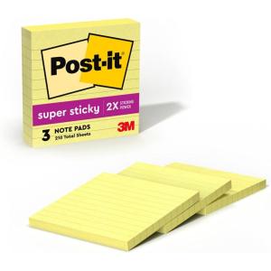 Post-it Super Sticky Notes, 4×4 in, 3 Pads, 2X The Sticking Power, Canary Yellow, Recyclable (4470-3SSCY)