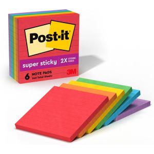 Post-it Super Sticky Notes, 4×4 in, 6 Pads, 2X The Sticking Power, Playful Primaries Collection, Primary Colors (Red, Yellow, Green, Blue, Purple), Recyclable(675-6SSAN)(2.4″ x 4″)