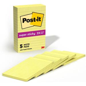 Post-it Super Sticky Notes, 4×6 in, 5 Pads, 2X The Sticking Power, Canary Yellow, Recyclable(9.6″ x 5″)