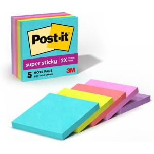 Post-it Super Sticky Notes, 5 Note Pads, 3×3 in., 2X The Sticking Power, School Supplies and Office Products, Sticky Notes for Vertical Surfaces, Monitors, Walls and Windows, Simply Serene(Supernova Neons)