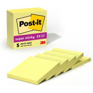 Post-it Super Sticky Notes, 5 Sticky Note Pads, 3 x 3 in., School Supplies, Office Products, Sticky Notes for Vertical Surfaces, Monitors, Walls and Windows,Canary Yellow