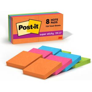 Post-it Super Sticky Notes, 8 Sticky Note Pads, 1.875 x 1.875 in., School Supplies, Office Products, Sticky Notes for Vertical Surfaces, Monitors, Walls and Windows, Energy Boost Collection