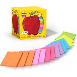 Post-it Super Sticky Notes, Assorted Bright Colors, 3×3 in, 15 Pads/Pack, 45 Sheets/Pad, 2X The Sticking Power, Recyclable, Apple Pack(3.2″ x 3.1″)