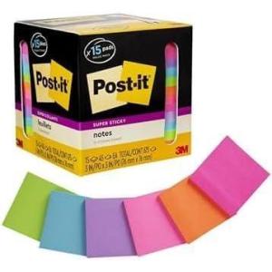 Post-it Super Sticky Notes, Assorted Bright Colors, 3×3 in, 15 Pads/Pack, 45 Sheets/Pad, 2X The Sticking Power, Recyclable, Multi-Color(3 in x 3 in (Pack of 6))