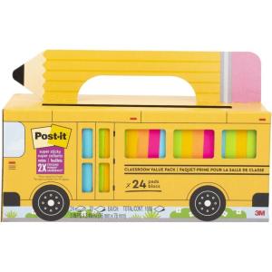 Post-it Super Sticky Notes Value Pack, 24 Pads, Convenient School Bus Carry and Storage Case, 2X The Sticking Power, 3×3 in, Bright Colors (Orange, Pink, Blue, Green, Yellow), Recyclable (654-24SSBUS)(7.4″ x 3.2″)