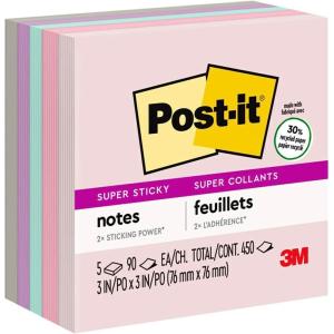 Post-it Super Sticky Recycled Notes, 3 x 3 in, 5 Pads, 2X The Sticking Power, Wanderlust Collection, Pastel Colors, 30% Recycled Paper (654-5SSNRP)