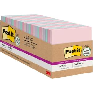 Post-it Super Sticky Recycled Notes, 3×3 in, 24 Pads, 2X The Sticking Power, Bali Collection, Pastel Colors (Lavender, Apricot, Blue, Pink, Mint), 30% Recycled Paper (654-24NH-CP)(3″ x 3″)