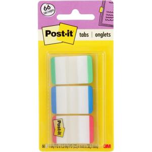 Post-it Tabs, 1 in, Lined, Green, Blue, Red, 22 Tabs/Color, 66 Tabs/On-The-Go Dispenser (686L-GBR)(0.4″ x 2.8″)
