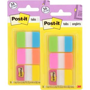 Post-it Tabs, 1 in Solid, Aqua, Yellow, Pink, Red, Green, Orange, 6/Color, 36/Dispenser (686-ALOPRYT) (Pack of 2)(36 Count (Pack of 2))