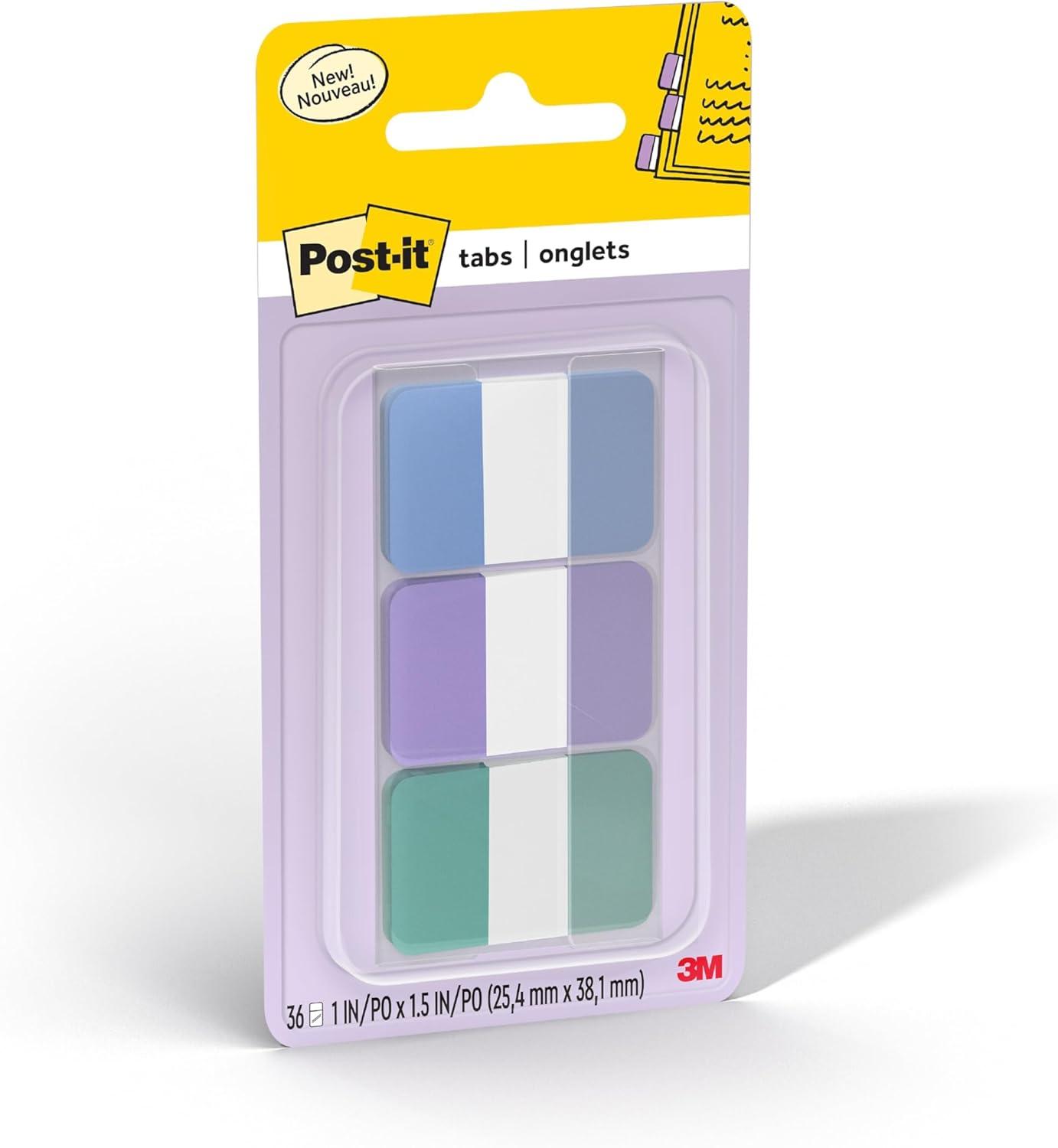 imagePostit Sticky Tabs 1 in x 15 in 3 Pads of Book Tabs in Assorted Cool Pastel Colors for Bookmarking Annotating Reading and Reminders Blue Purple and Green Colors 36 Total CountCool Pastels