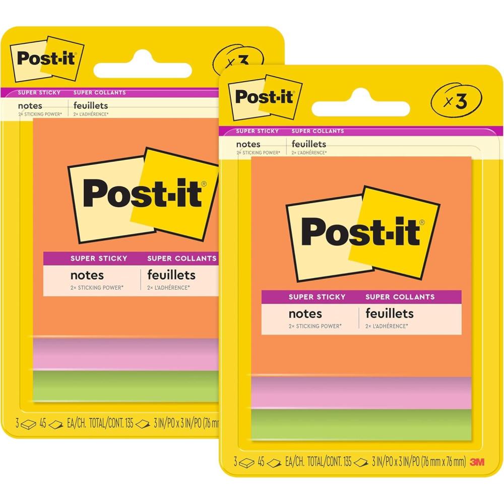 imagePostit Super Sticky Notes 3 Sticky Note Pads 3 x 3 in School Supplies Office Products Sticky Notes for Vertical Surfaces Monitors Walls and Windows Energy Boost Collection Pack of 2