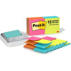 Bundle of Post-it Note Dispenser, White Base with Steel Top, and Post-it Pop-up Notes, 3 in x 3 in, 1 Pad in Aqua Splash, 12 Pads in Alternating Colors, Poptimistic Collection