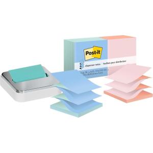 Bundle of Post-it Note Dispenser, White Base with Steel Top, and Post-it Pop-up Notes, 3 in x 3 in, 1 Pad in Aqua Splash, 12 Pads in Alternating Pastel Colors
