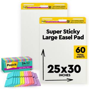 Bundle of Post-it Super Sticky Notes, 24 Sticky Note Pads, 3 x 3 in, Supernova Neons + Post-it Super Sticky Easel Pad, 25 in x 30 in, White, 30 Sheets/Pad, 2 Pads/Pack Self Stick Flip Chart Paper
