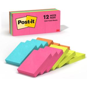 Post-it Mini Notes, 1 3/8 in. x 1 7/8 in., 12 Sticky Notes Pads, 100 Sheets per Pad, Poptimistic Collection, School Supplies and Oﬃce Products, The Original Post-it Note