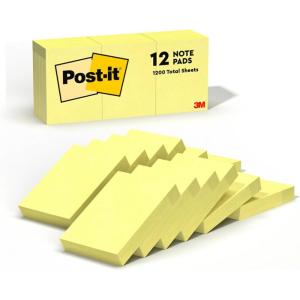 Post-it Notes, 1 /3/8 x 1 7/8 in, 12 Sticky Notes Pads, 100 Sheets per Pad, Canary Yellow, The Original Post-it Note, School Supplies and Oﬃce Products