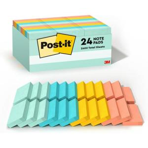Post-it Notes, 1.5×2 in, 24 Pads, America’s #1 Favorite Sticky Notes, Beachside Café Collection, Pastel Colors, Clean Removal, Recyclable