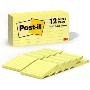 Post-it Notes, 3 in x 3 in, 12 Lined Sticky Notes Pads, 100 Sheets per Pad, The Iconic Canary Yellow Note, School Supplies and Oﬃce Products