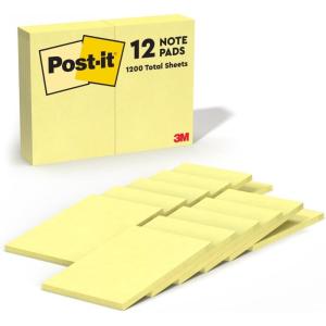 Post-it Notes, 4 in x 6 in, 12 Sticky Notes Pads, 100 Sheets per Pad, Canary Yellow, The Original Post-it Note, School Supplies and Oﬃce Products(12 Pads)