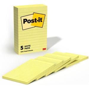 Post-it Notes, 4 in x 6 in, 5 Lined Sticky Notes Pads, 100 Sheets per Pad, Canary Yellow, The Original Post-it Note, School Supplies and Oﬃce Products(4.9″ x 6.1″)