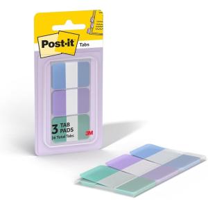 Post-it Sticky Tabs, 1 in. x 1.5 in., 3 Pads of Book Tabs in Assorted Cool Pastel Colors for Bookmarking, Annotating, Reading, and Reminders, Blue, Purple, and Green Colors (36 Total Count)(Cool Pastels)