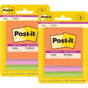 Post-it Super Sticky Notes, 3 Sticky Note Pads, 3 x 3 in., School Supplies, Office Products, Sticky Notes for Vertical Surfaces, Monitors, Walls and Windows, Energy Boost Collection (Pack of 2)