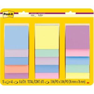 Post-it Super Sticky Notes, 3×3 in, Assorted Pastel Colors, 15 Pads, 2X The Sticking Power, Recyclable (654-15SSPS)