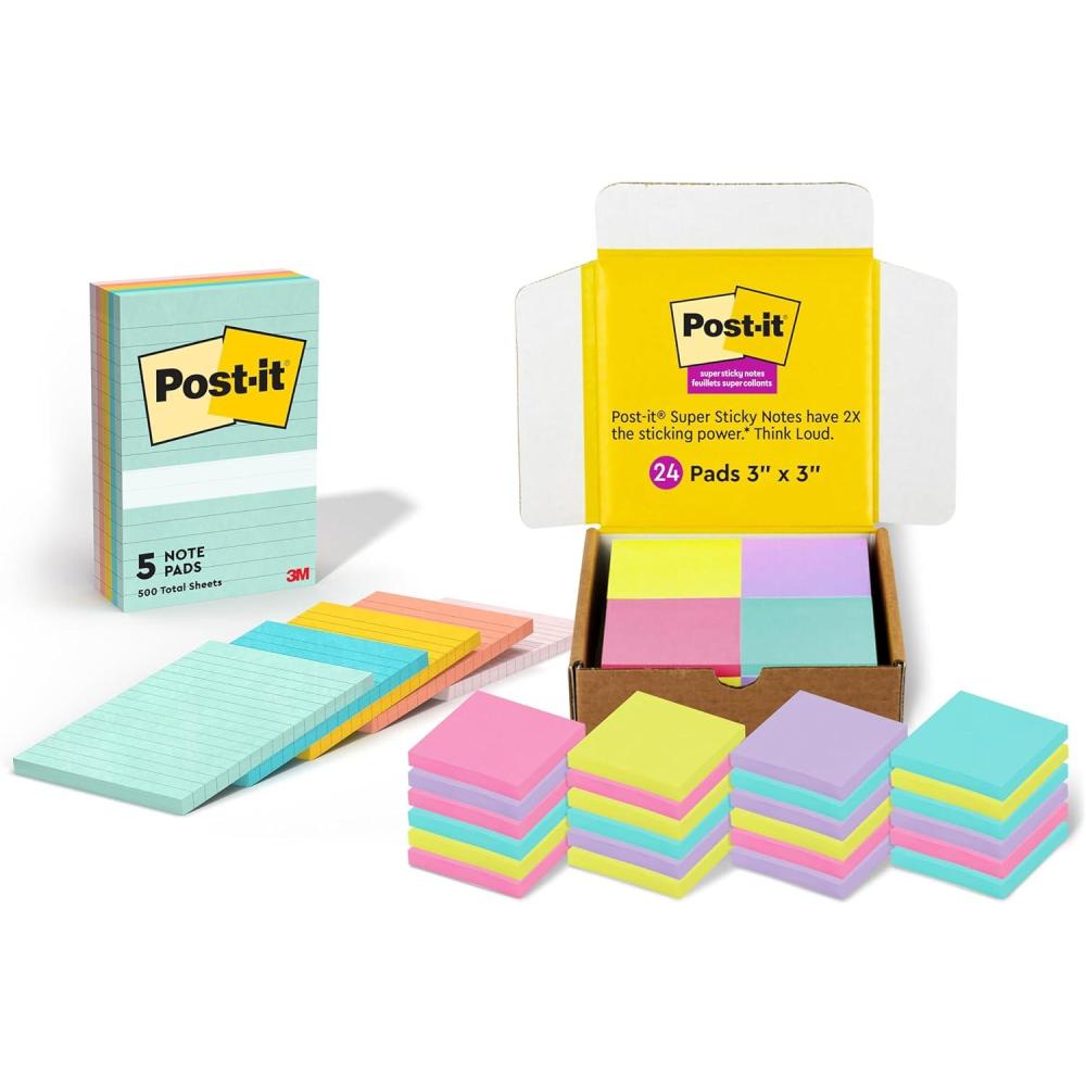 imagePostit Notes Beachside Cafe Collection 4x6 in 5 Pads 660 Sheets and Postit Super Sticky Notes Bright Colors Collection 3x3 in 24 Pads 1680 SheetsSticky Note  Sticky Notes  3x3 in
