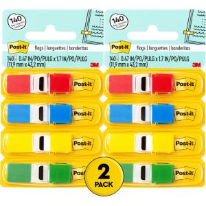 Post-it Flags, 35/Dispenser, 4 Dispensers/Pack, 47 in Wide, Assorted Primary Colors (683-4) (Pack of 2)(4 Count (Pack of 2))