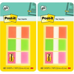 Post-it Flags, 60/On-The-Go Dispenser, 1 Dispenser/Pack, 1 in Wide, Orange, Lime, Pink (680-OLP) (Pack of 2)