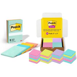 Post-it Notes Beachside Cafe Collection (4×6 in., 5 Pads, 660 Sheets) and Post-it Super Sticky Notes Bright Colors Collection (3×3 in., 24 Pads, 1680 Sheets)(Sticky Note + Sticky Notes  3×3 in)