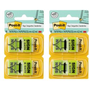 Post-it Sign and Date Flags, 50/Dispenser, 2 Dispensers/Pack, 1 in Wide, Bright Green (680-SD2) (Pack of 2)