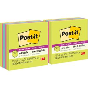 Post-it Super Sticky Notes, 3 in x 3 in, 1 Cube, 2X The Sticking Power, Bright Colors, Recyclable (2027-SSGFA) (Pack of 2)(1 Count (Pack of 2))