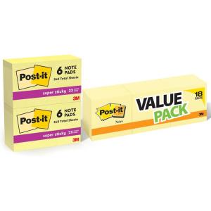 Post-it Super Sticky Notes, 3 in x 5 in & 3 in x 3 in, 12 Pads & 18 Pads, Canary Yellow, 2X The Sticking Power, Recyclable(12 Super Sticky Pads)