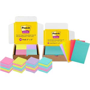 Post-it Super Sticky Notes, 4×6 in, 5 Pads/Pack, 90 Sheets/Pad & Super Sticky Notes, 3×3 in, 24 Pads/Pack, 70 Sheets/Pad, Amazon Exclusive Bright Color Collection