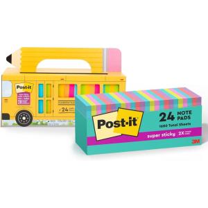 Post-it Super Sticky Notes Value Pack, 24 Pads, Convenient School Bus Carry and Storage Case & Super Sticky Notes, 3×3 in, 24 Pads, 2X The Sticking Power, Supernova Neons, Bright Colors