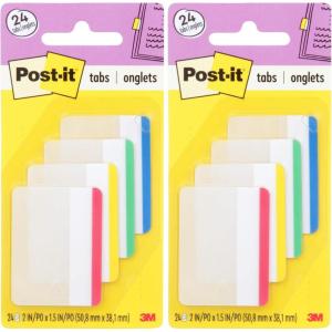 Post-it Tabs, 2 in, Lined, Assorted Primary Colors, 6 Tabs/Color, 4 Colors, 24 Tabs/Pack (686F-1) (Pack of 2)
