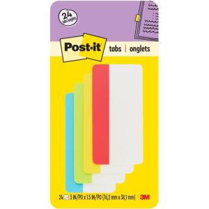 Post-it Tabs, 3 in, Solid, Assorted Primary Colors, 6 Tabs/Color, 4 Colors, 24 Tabs/Pack (686-ALYR3IN)