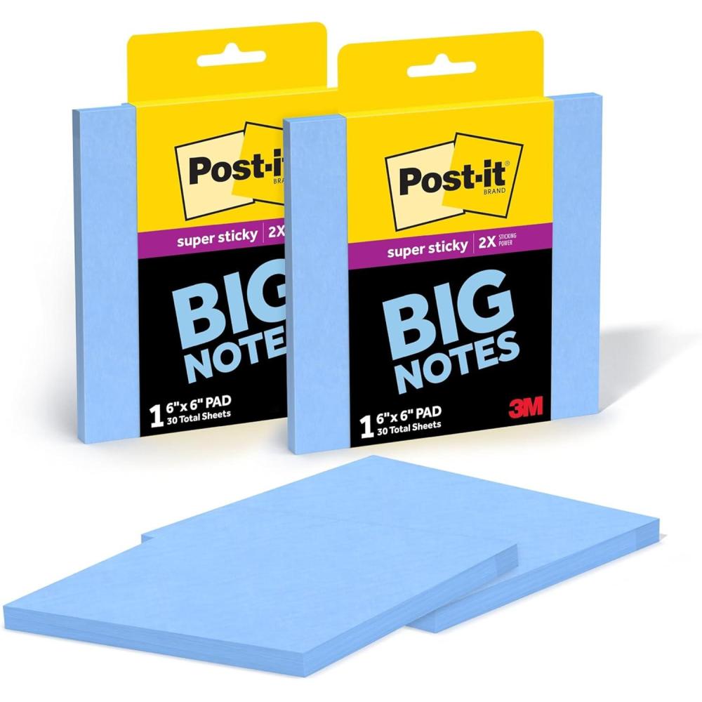 imagePostit Super Sticky Big Notes 6 in x 6 in Extra Large Sticky Notes Washed Denim 2 Pads 60 Sheets Total Great for Vision Boards Creative Projects Study Spaces Group Brainstorming and MoreWashed Denim