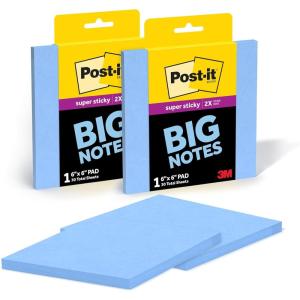 Post-it Super Sticky Big Notes, 6 in. x 6 in., Extra Large Sticky Notes Washed Denim, 2 Pads, 60 Sheets Total, Great for Vision Boards, Creative Projects, Study Spaces, Group Brainstorming, and More(Washed Denim)