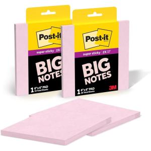 Post-it Super Sticky Big Notes, 6 in. x 6 in., Extra Large Sticky Notes Washed Denim, 2 Pads, 60 Sheets Total, Great for Vision Boards, Creative Projects, Study Spaces, Group Brainstorming, and More(Pink Salt)