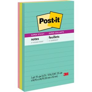 Post-it Super Sticky Notes, 4×6 in, Supernova Neons Collection, Lined, 3 Pads/Pack (4645-3SSAN) (Pack of 2)(Aqua Splash  Acid Lime  Tropical Pink)