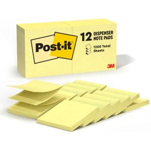 Post-it Dispenser Pop-up Notes, 3 in. x 3 in., Canary Yellow, 12 Pads/Pack